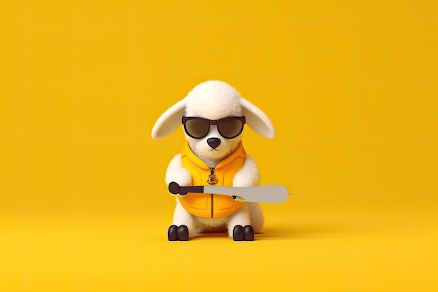 Mouton minimaliste 3d en lunettes de soleil avec couteau sur bg jaune Concept de voyage généré par l'IA