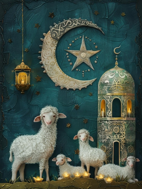 Photo un mouton et une mosquée sont sur un fond bleu