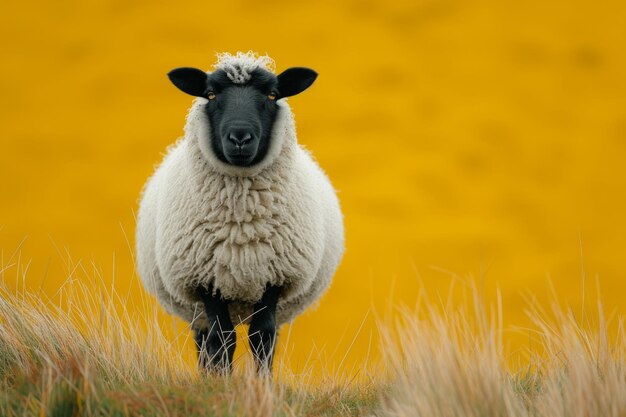 Photo un mouton noir et blanc debout au sommet d'un champ couvert d'herbe avec de l'herbe haute