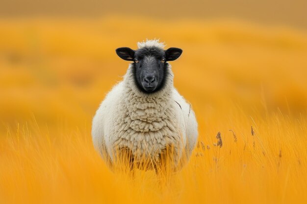 Photo un mouton noir et blanc debout au sommet d'un champ couvert d'herbe avec de l'herbe haute