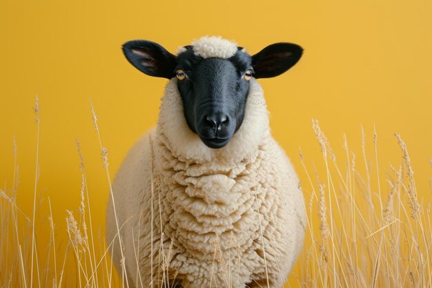 Photo un mouton noir et blanc debout au sommet d'un champ couvert d'herbe avec de l'herbe haute