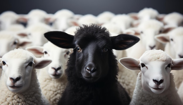 Un mouton noir éloigné d'un groupe de moutons blancs
