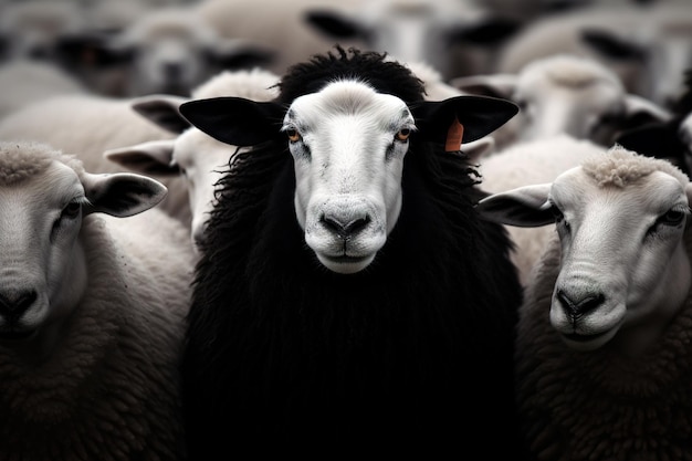 un mouton noir se démarquant dans une foule de moutons blancs Le mouton noir symbolise le concept d'être différent ou de se démarquer de la foule