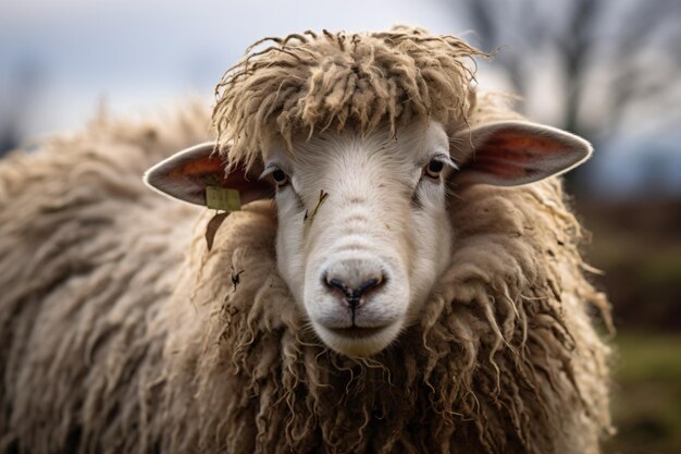 un mouton avec un pelage hirsute debout dans un champ