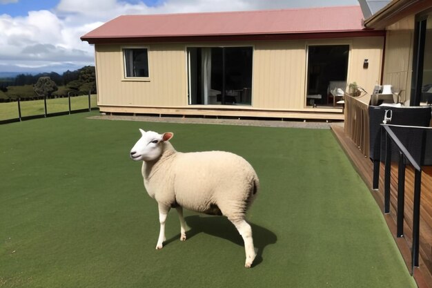 Un mouton sur le pont d'une maison de campagne Gisborne Nouvelle-Zélande