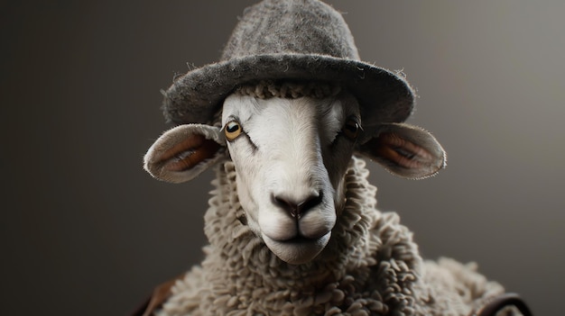 Photo un mouton portant un chapeau regarde la caméra le mouton est debout devant un fond gris le mouton porte un chopeau brun