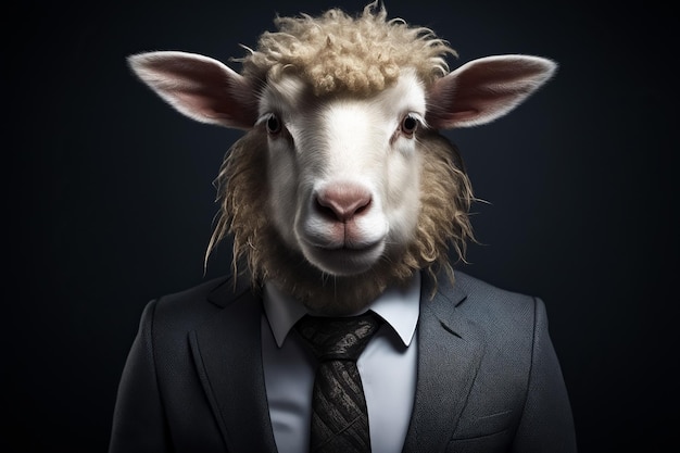 Un mouton portant un costume et une cravate avec un fond noir IA générative