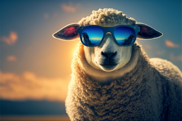 Un mouton portant des lunettes de soleil et un fond de coucher de soleil