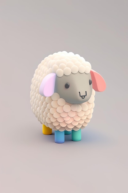 Un mouton avec un pull bleu et jaune coloré et un nez noir