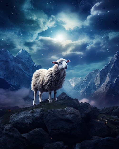 un mouton sur les rochers dans un beau ciel