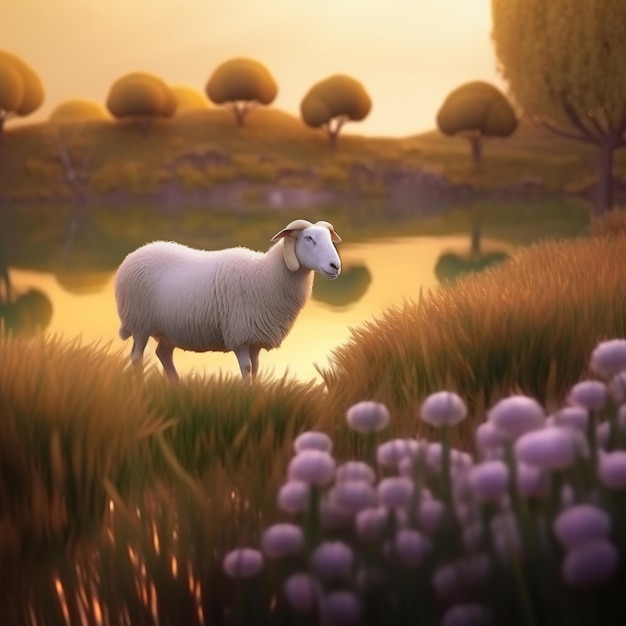Un mouton se tient dans un champ avec des fleurs violettes et un étang en arrière-plan.