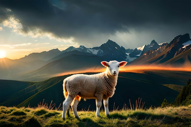 Un mouton se tient dans un champ avec des montagnes en arrière-plan.