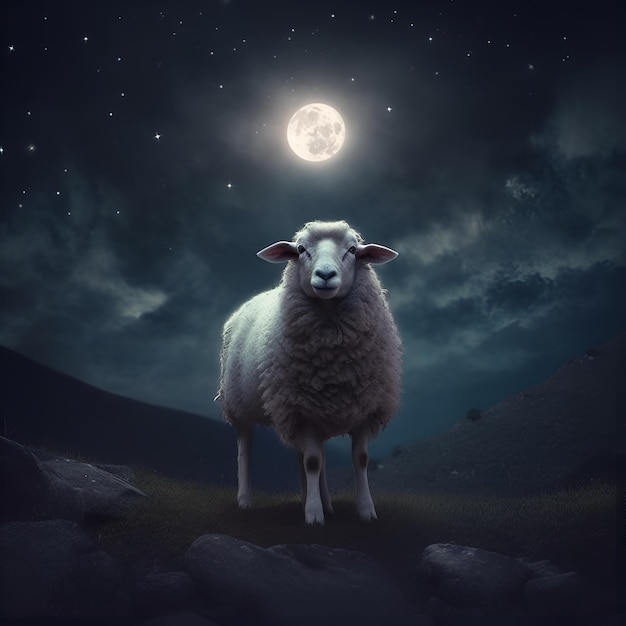 Un mouton se tient devant une pleine lune.