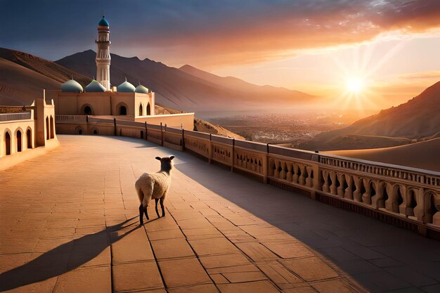 Un mouton se tient sur une passerelle devant une mosquée au coucher du soleil.