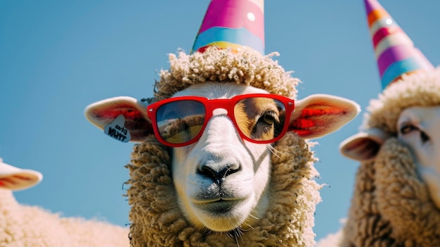 Un mouton souriant portant un chapeau de fête et des lunettes de soleil Joyeux Eid Mubarak 2024