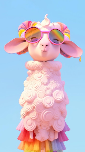 Un mouton avec une veste rose et des lunettes de soleil porte une tenue rose.