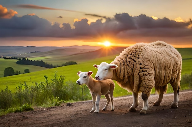 moutons et agneaux sur une route de campagne avec un coucher de soleil en arrière-plan.