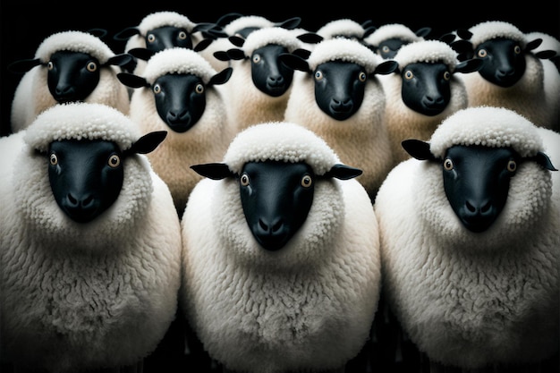 Moutons blancs parmi les moutons noirs Osez être différent Illustration de l'IA générative