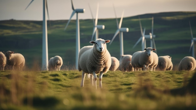 Moutons broutant près des éoliennes sur la montagne Generative AI