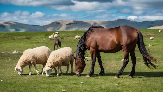 Des moutons et des chevaux paissent ensemble sur un gazon vert.