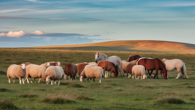 Des moutons et des chevaux paissent ensemble sur un gazon vert.