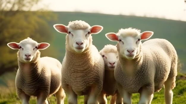 Moutons dans un champ avec une colline verdoyante en arrière-plan