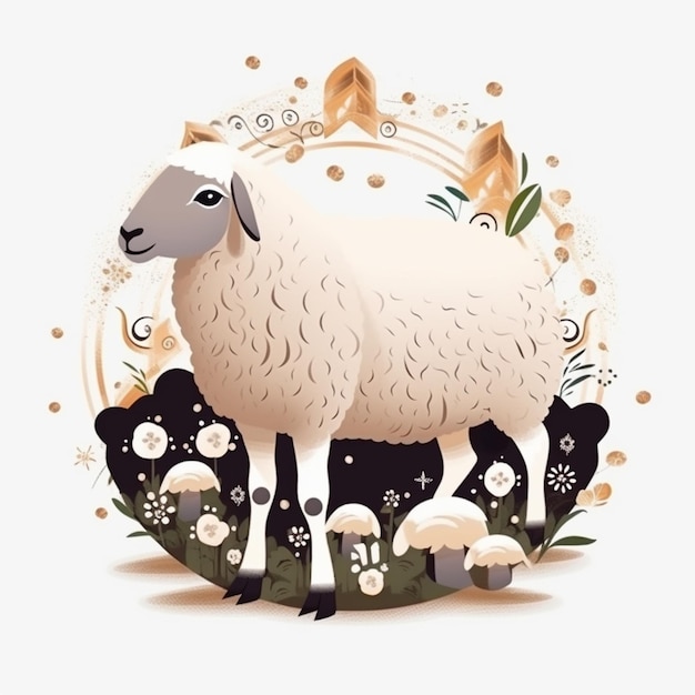 Moutons dans un champ de fleurs et de champignons