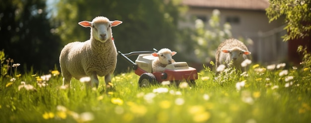 Moutons dans le jardin avec une tondeuse à gazon bokeh panorama de la lumière du soleil Ai générative