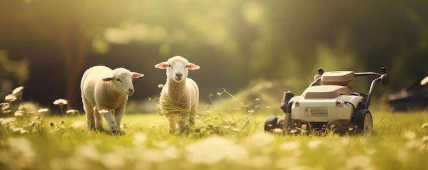 Moutons dans le jardin avec une tondeuse à gazon bokeh panorama de la lumière du soleil Ai générative