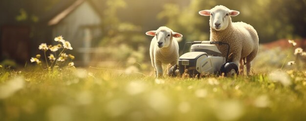 Moutons dans le jardin avec une tondeuse à gazon bokeh panorama de la lumière du soleil Ai générative