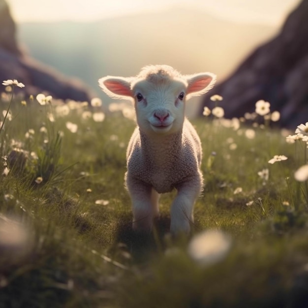 Moutons dans le pré avec marguerites et pissenlits