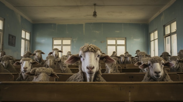 Des moutons dans une salle de classe