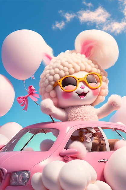 Moutons de dessin animé à l'arrière d'une voiture rose ai générative