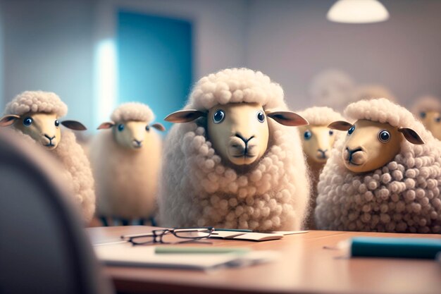 Des moutons envahissent le bureau Un troupeau de moutons devant un bureau