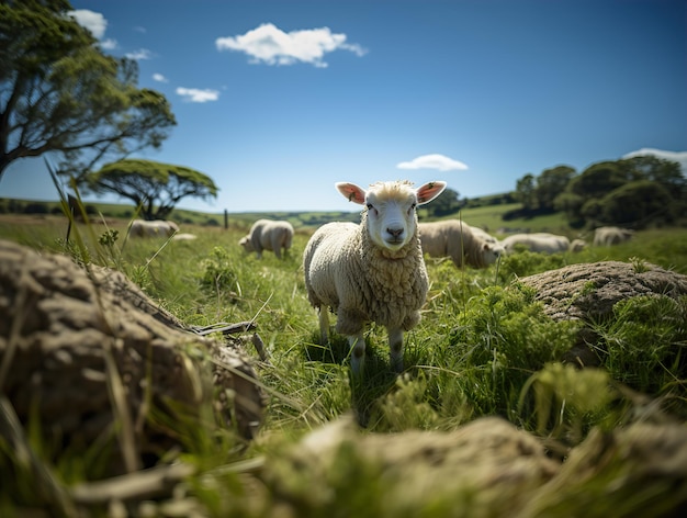 Moutons sur fond de pâturage et autres moutons Generative AI