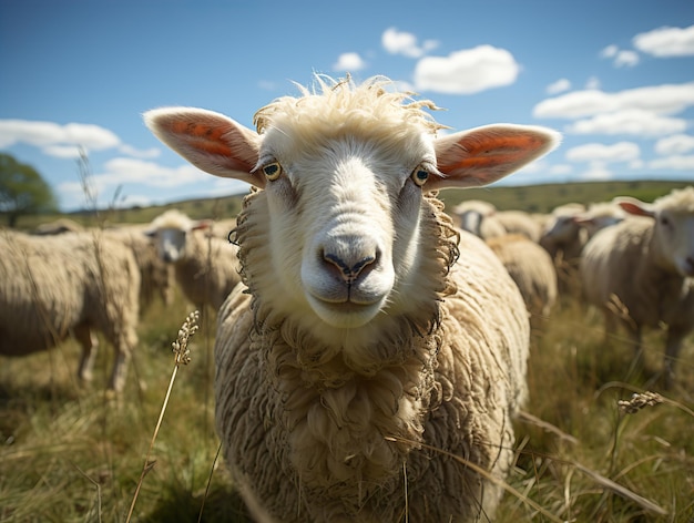 Photo moutons sur le fond des pâturages et autres moutons ia générative