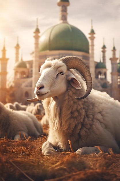 moutons sur l'herbe à l'extérieur de la mosquée islamique