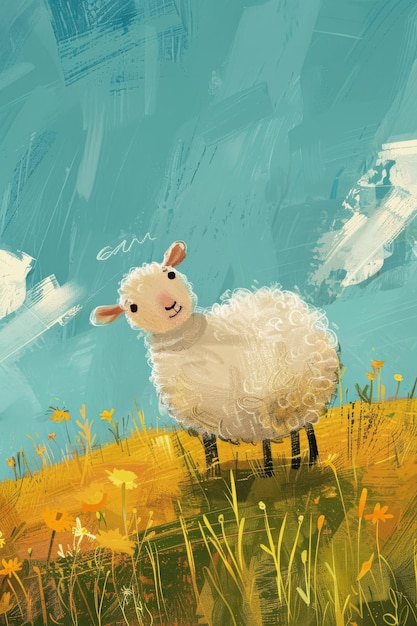 Photo des moutons mignons dans la prairie illustration d'enfants