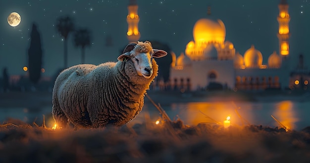 Des moutons avec une mosquée pour Eid mubarak Eid al Adha bannière ou dessin d'affiche