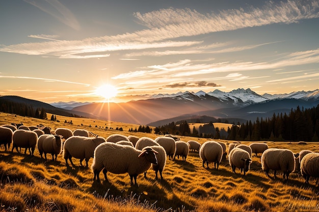 Moutons paissant dans les alpages et les unités à caractère montagnard AI générative