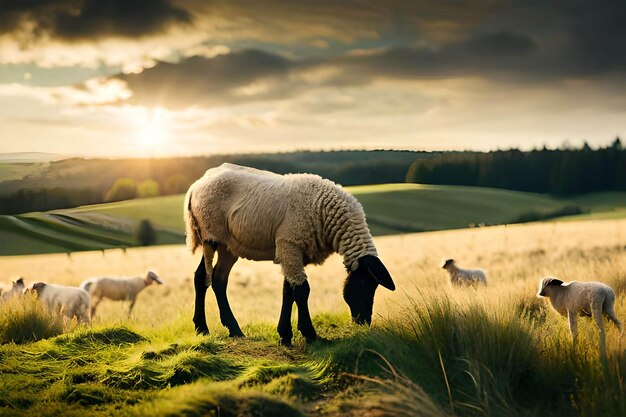 Moutons paissant dans un champ avec un coucher de soleil en arrière-plan