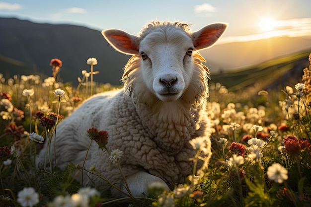 Moutons paissant dans un champ fleuri au coucher du soleil IA générative