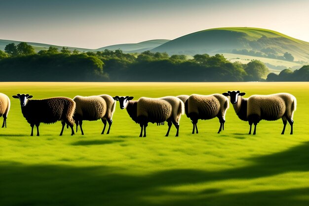 Moutons paissant dans un champ d'herbe paysage de campagne