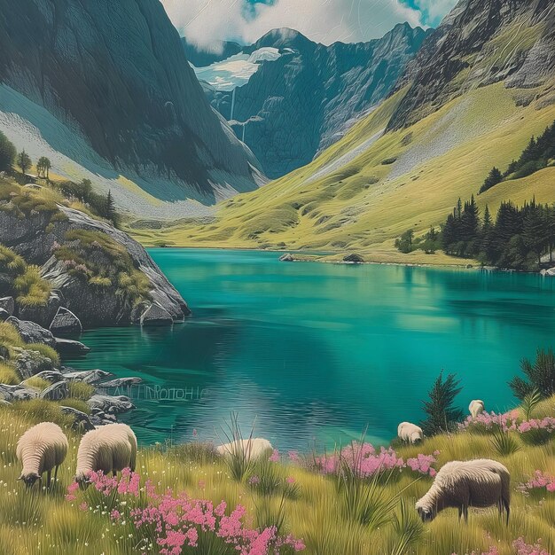 Des moutons paissent sur un col de montagne près d'un lac turquoise