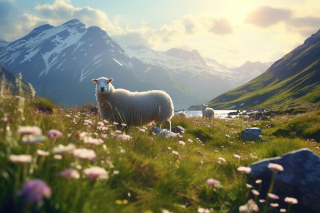 Moutons sur les prairies fleuries Nature avec fleurs sauvages et montagnes en arrière-plan Illustration générative de l'IA