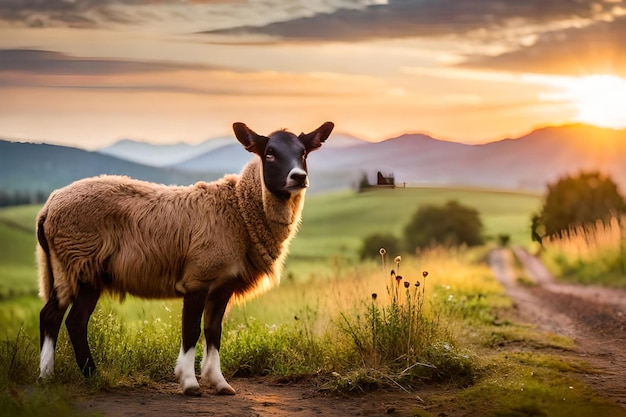 moutons sur une route de campagne au coucher du soleil