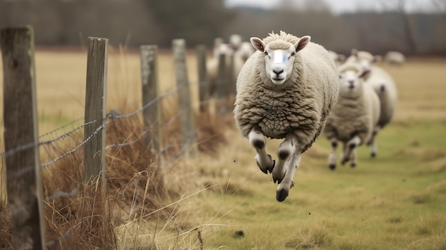 Photo des moutons sautent sur la clôture avec d'autres moutons qui regardent.