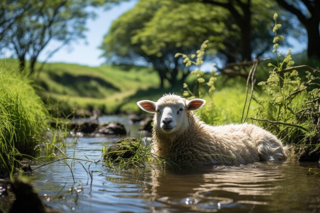 Les moutons se reposent dans le champ vert sous un arbre génératif de soleil ensoleillé IA