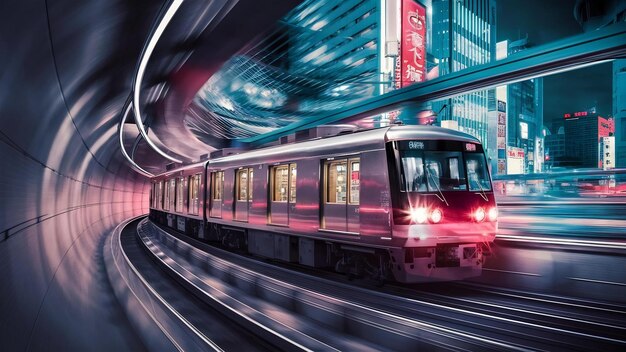 Photo un mouvement abstrait et flou de tokyo, le train de la ligne yurikamome se déplaçant entre les tunnels de tokyo.