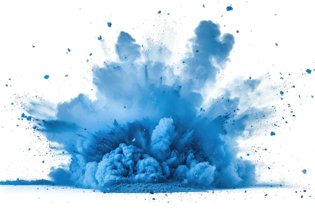 Photo mouvement de congélation d'une explosion de poussière bleue isolée sur fond blanc
